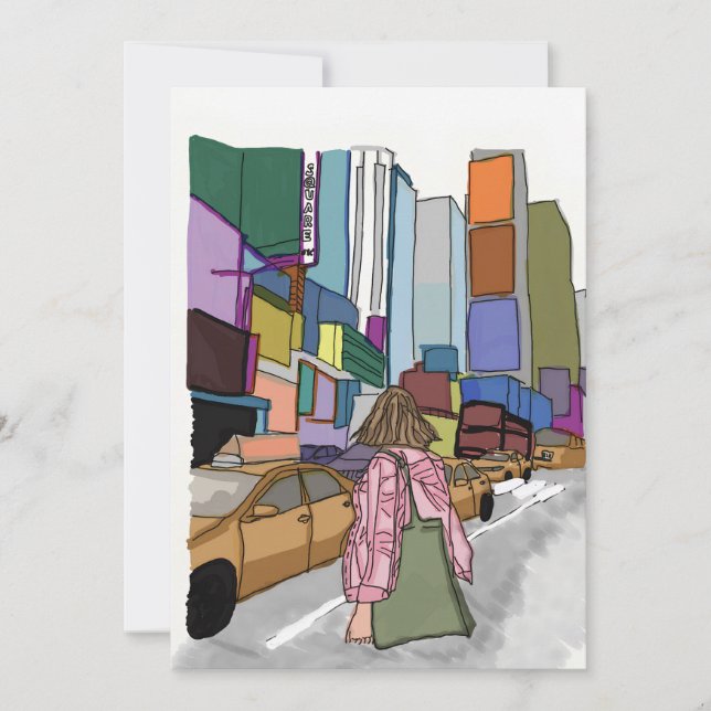 Invitación Una mujer camina por una bulliciosa calle de la ci (Anverso)