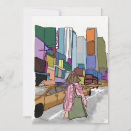 Invitación Una mujer camina por una bulliciosa calle de la ci