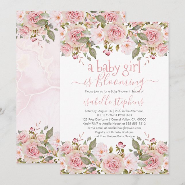 Invitación Una niña bebé está floreciendo un Baby Shower con  (Anverso / Reverso)