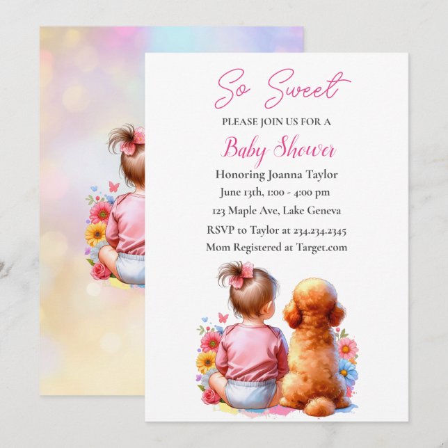 Invitación Una niña bebé y su Baby Shower de perro (Anverso / Reverso)