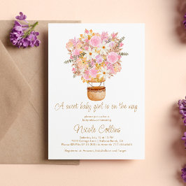 Invitación Una niña dulce con globo de flores rosadas Baby Sh