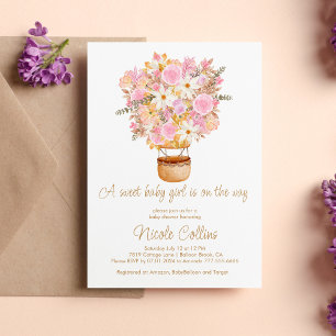 Invitación Una niña dulce con globo de flores rosadas Baby Sh