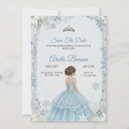 Invitación Una niña en un vestido de baile azul en una quince