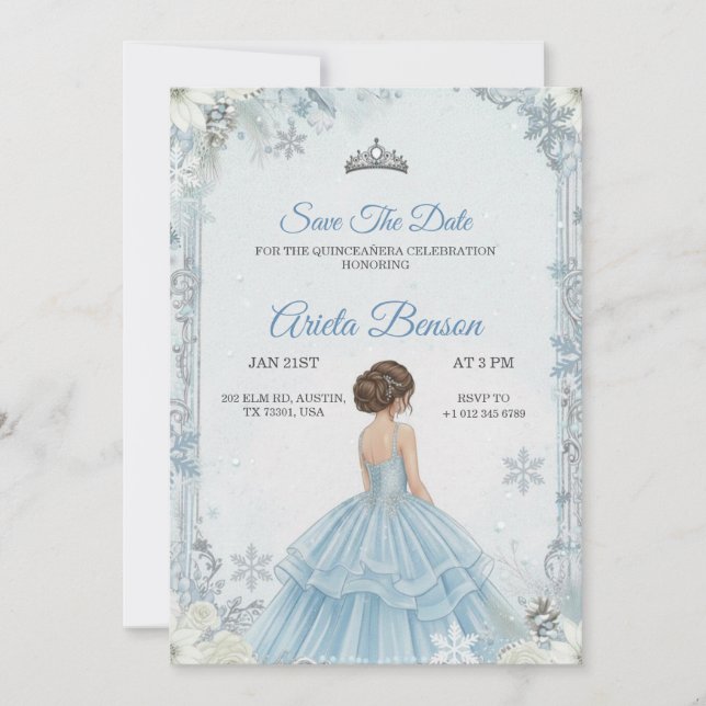 Invitación Una niña en un vestido de baile azul en una quince (Anverso)