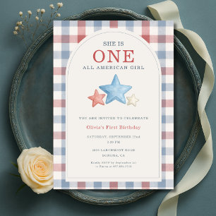 Invitación Una niña estadounidense gingham cumple 1 año