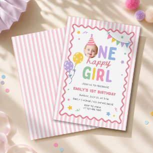 Invitación Una niña feliz Cumpleaños 1 rosa Colorido