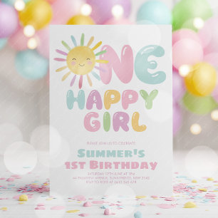 Invitación Una niña feliz Cumpleaños 1 Sol Rosa Azul