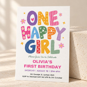 Invitación Una niña feliz: Cumpleaños de niña dibujado a mano