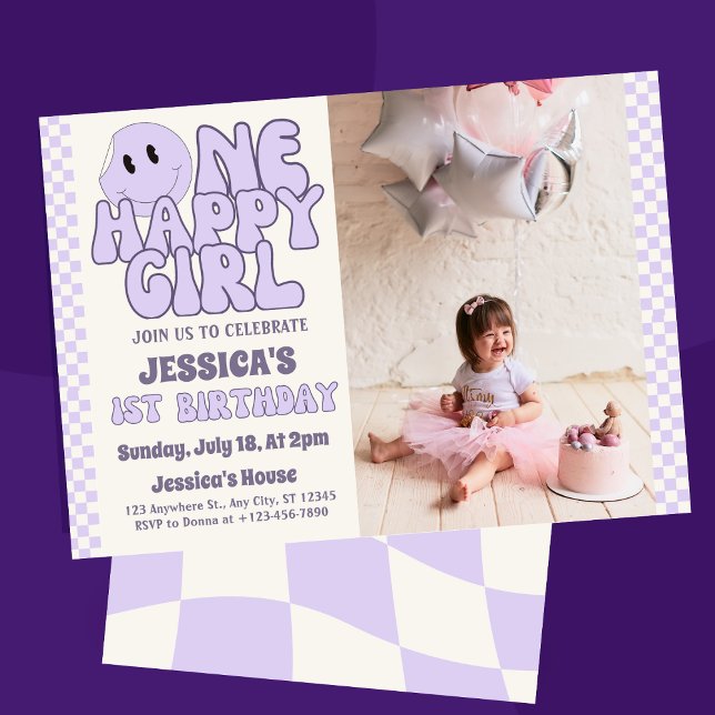 Invitación Una niña feliz cumpleaños retro 1  ("Light up your little one's special day with our 'One Happy Girl Retro Smiley Face 1st Birthday )
