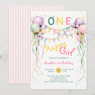 Invitación Una Niña Feliz Globos Rosados Menta Cumpleaños 1