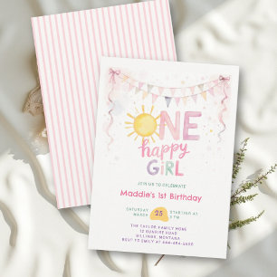 Invitación Una niña feliz rosa pastel Sol cumpleaños 1