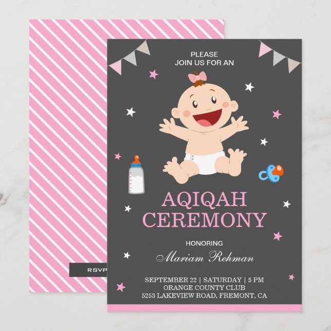 Invitación Una niña pequeña y rosa feliz, Aqiqah (Anverso / Reverso)