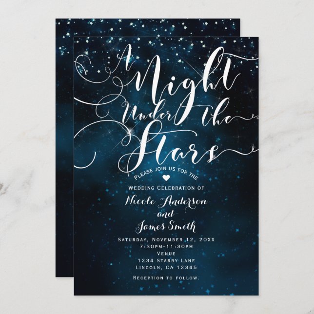 Invitación UNA NOCHE BAJO LA ESTRELLA Boda Starry Blue Skies (Anverso / Reverso)