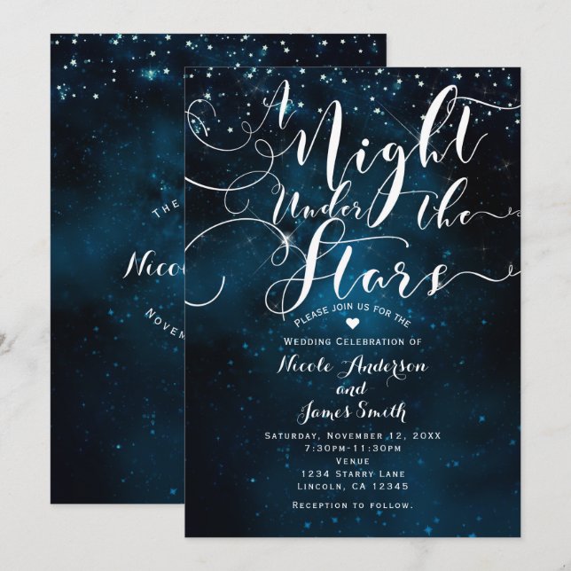 Invitación UNA NOCHE BAJO LAS ESTRELLAS Boda de Cielos Azules (Anverso / Reverso)
