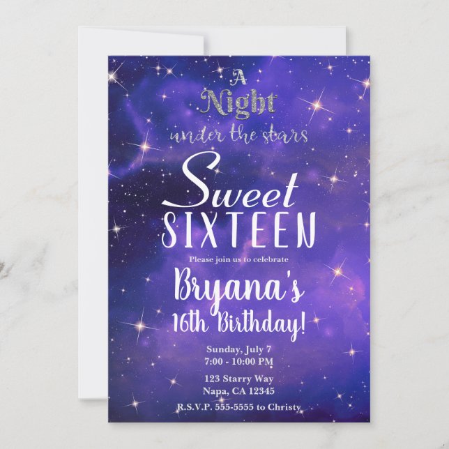 Invitación Una noche bajo las estrellas morado cielo dulce 16 (Anverso)