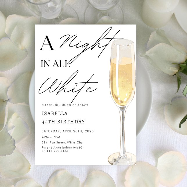Invitación Una noche en todo el cumpleaños del Fiesta blanco  (A Night in All White Party Champagne Birthday Invitation)