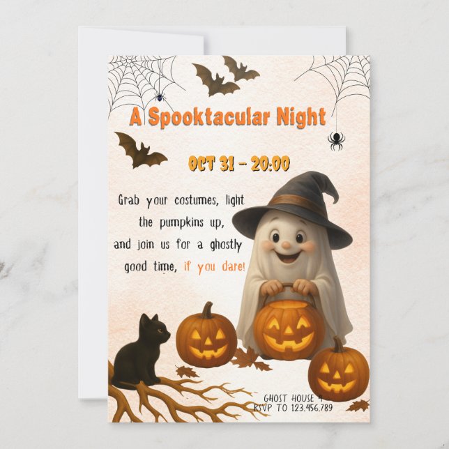 Invitación Una Noche Espeluznante | Fantasma y Calabaza de Ha (Anverso)