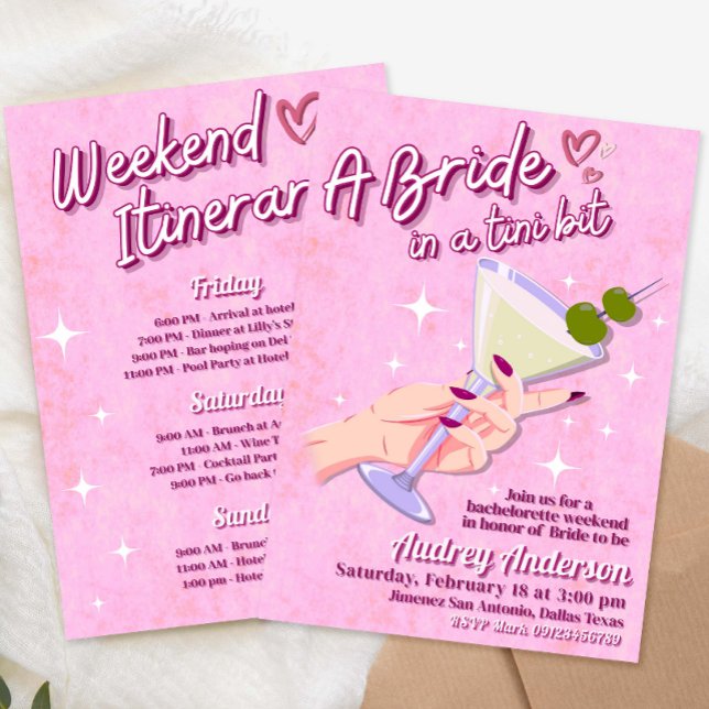 Invitación Una Novia en un Pequeño Fin de Semana de Despedida (A Bride in Tini Bit Bachelorette Weekend Itinerary Invitation
)