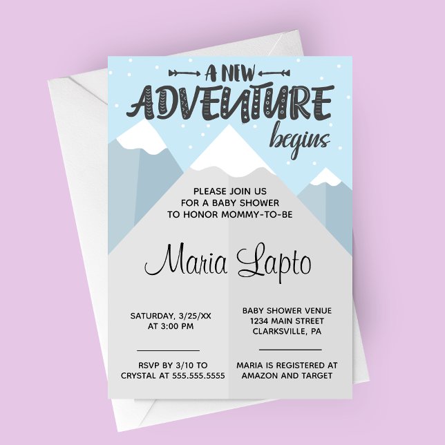 Invitación Una nueva aventura empieza Baby Shower invernal (A New Adventure Begins Winter Mountain Baby Shower Invitation)