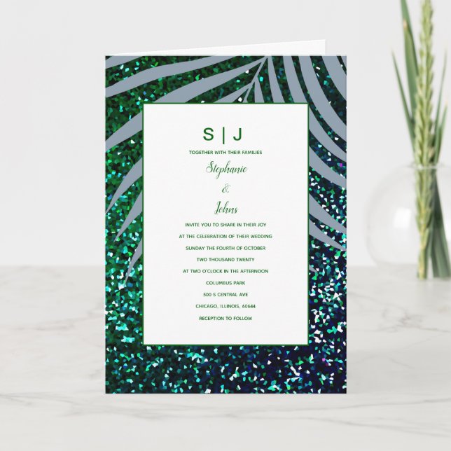 Invitación Una palma azul turbia deja a un Boda Purpurina ver (Anverso)