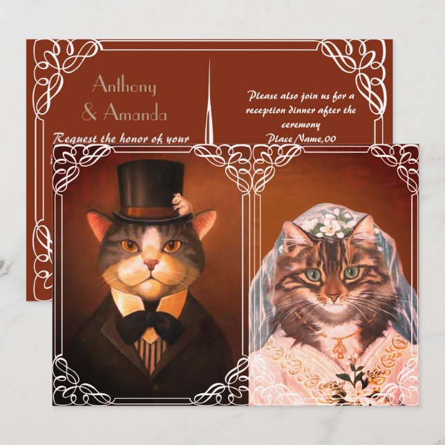 Invitación Una pareja de bodas del gato (Anverso / Reverso)