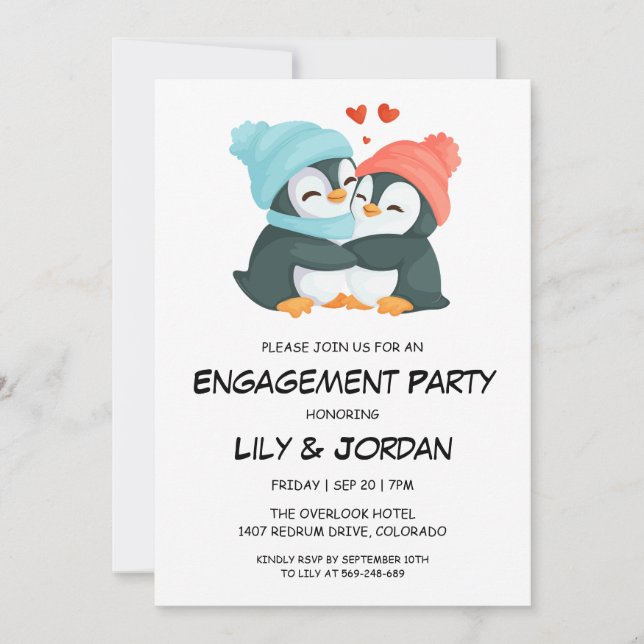 Invitación Una pareja de pingüinos abrazando el compromiso de (Anverso)
