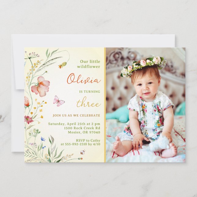 Invitación Una pequeña bebé de flores silvestres, niña, foto  (Anverso)