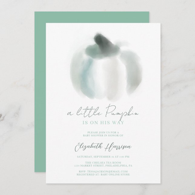 Invitación Una pequeña calabaza azul acuarela bebé ducha (Anverso / Reverso)