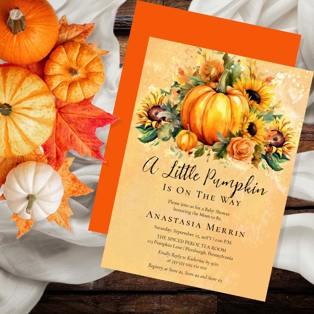 Invitación Una pequeña calabaza | Baby Shower de caída de gir ("A Little Pumpkin Is On The Way" Pumpkins, Sunflowers and Apricot Roses Baby Shower Invitation)