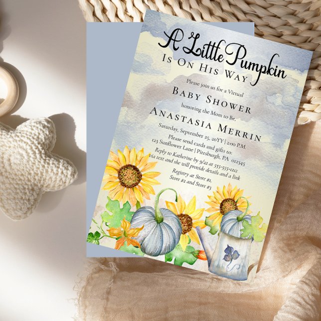 Invitación Una pequeña calabaza | Baby Shower virtual de Sunf ("A Little Pumpkin Is On His Way" Blue Pumpkins and Sunflowers Virtual Baby Shower Invitation)