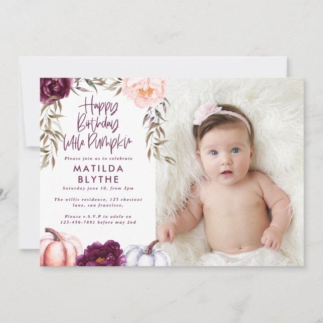 Invitación Una pequeña calabaza cae una foto de cumpleaños de (Anverso)