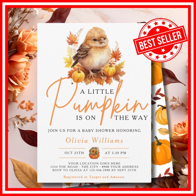 Invitación Una pequeña calabaza caída otoño CUTE BIRD Baby Sh (A Little Pumpkin is on the Way Fall Autumn CUTE BIRD Baby Shower Invitation)