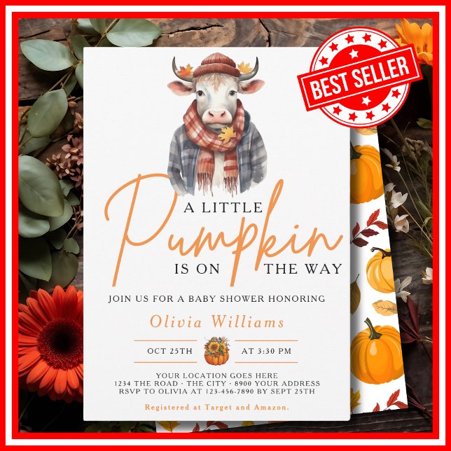 Invitación Una pequeña calabaza caída otoño CUTE COW Baby Sho (A Little Pumpkin is on the Way Fall Autumn CUTE COW Baby Shower Invitation)