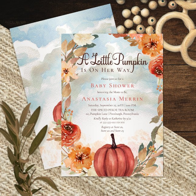 Invitación Una pequeña calabaza | Fall Floral Baby Shower (A Little Pumpkin" Is On Her Way and it is so exciting!)