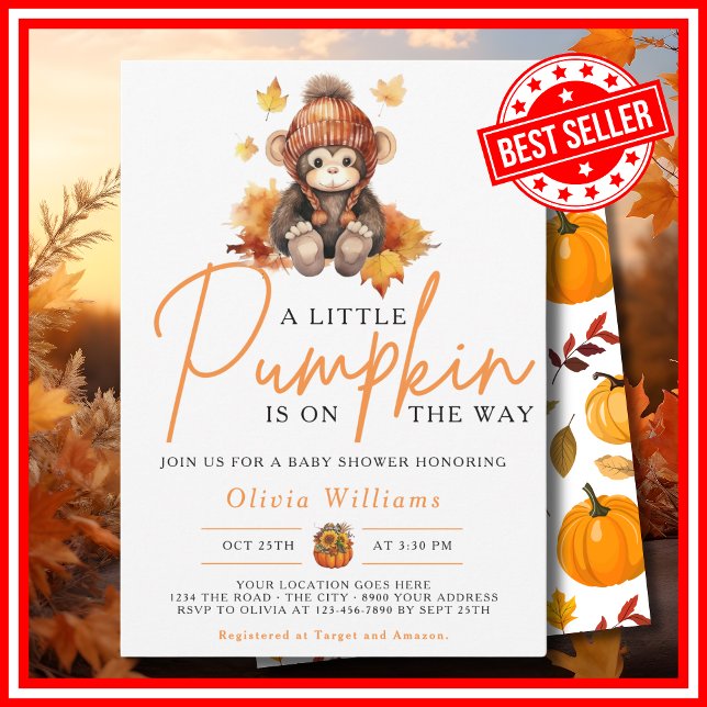 Invitación Una pequeña calabaza Otoño MONO Fiesta de bebé (A Little Pumpkin is on the Way Fall Autumn CUTE MONKEY Baby Shower Invitation)