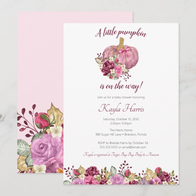 Invitación Una pequeña calabaza sonrojiza y una ducha de bebé (Anverso / Reverso)