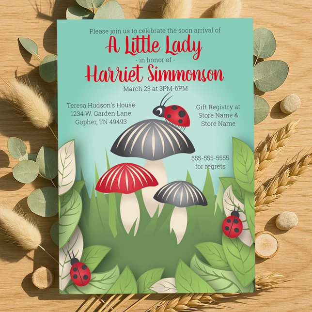 Invitación Una pequeña dama y hongos Baby Shower caprichoso (A Little Lady and Mushrooms Whimsical Baby Shower Invitation)