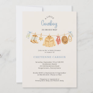 Invitación Una pequeña ducha de bebé de gingham azul vaquero