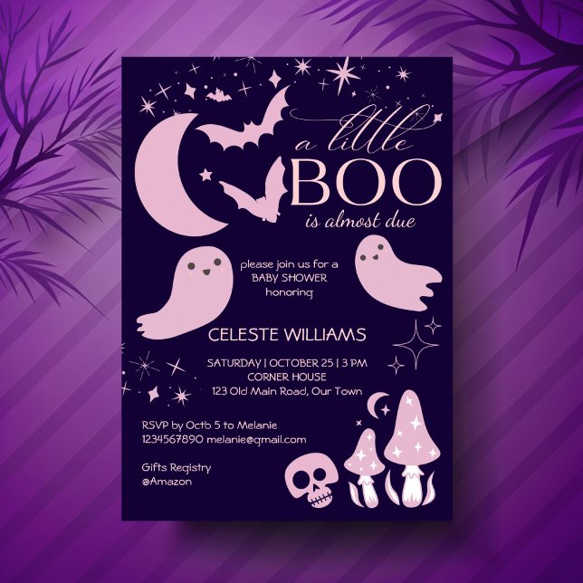Invitación Una pequeña ducha de bebé rosa de Halloween (A little boo pink purple celestial Halloween baby shower Invitation template instant download)