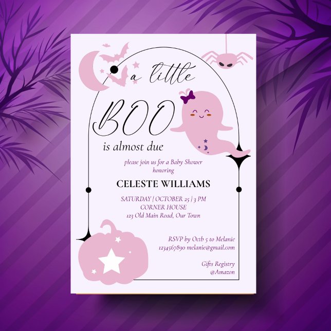 Invitación Una pequeña ducha de bebé rosa pastel de Halloween (A little boo cute celestial pastel pink Halloween baby shower Invitation template instant download)