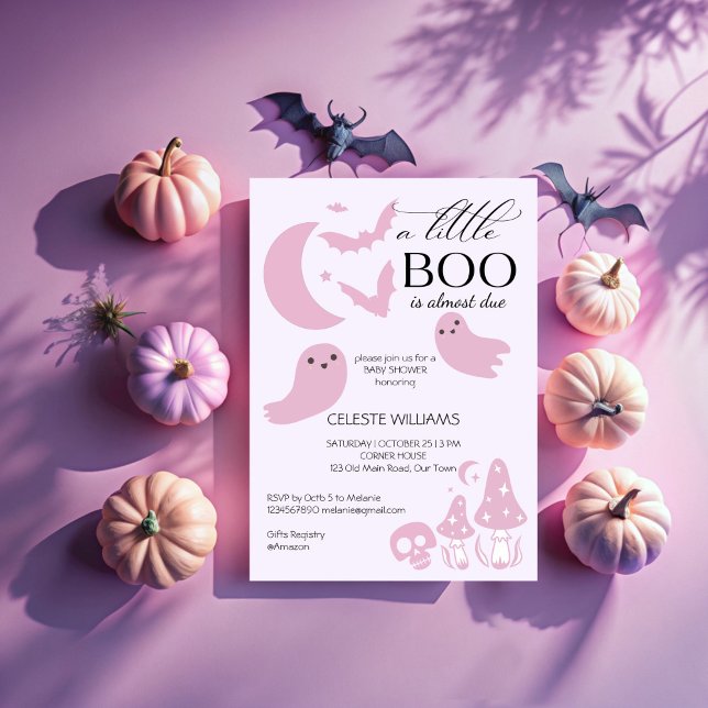 Invitación Una pequeña ducha de bebé rosa pastel de Halloween (A little boo pastel pink Halloween baby shower Invitation template cute baby ghoset celestial)