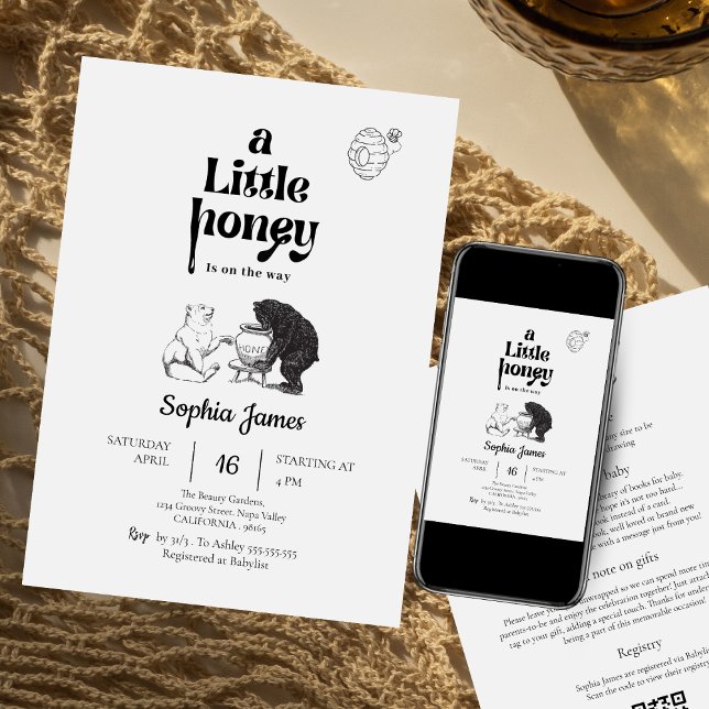 Invitación Una pequeña ducha de oso blanco negro con miel (Subido por el creador)
