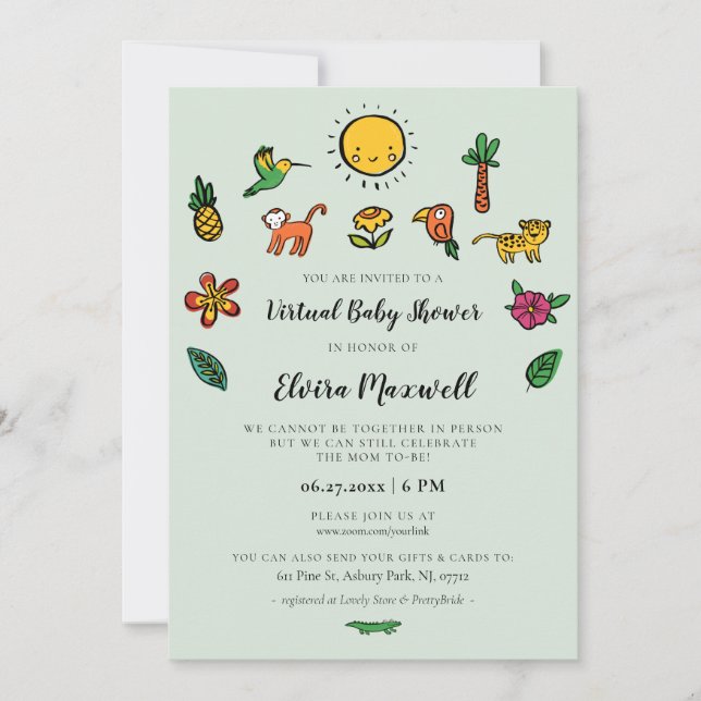 Invitación Una pequeña ducha tropical virtual para bebés (Anverso)
