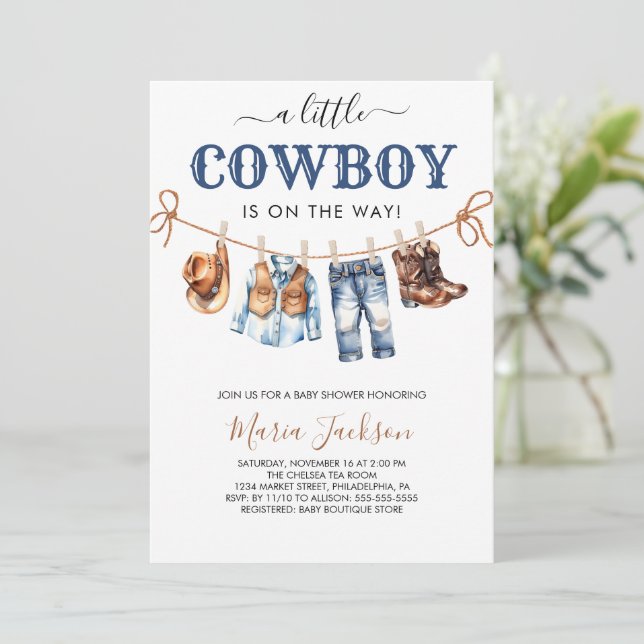 Invitación Una pequeña fiesta de bebé Cowboy Wild West azul (Anverso de pie)