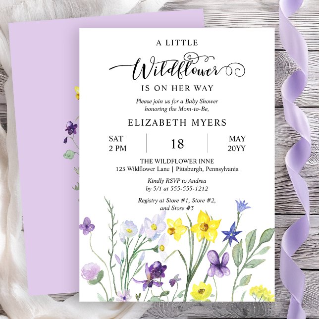 Invitación Una Pequeña Flor Silvestre Camina Hacia Su Chica B (A Little Wildflower Is On Her Way Lavender Girl Baby Shower Invitation - Print | Digital)