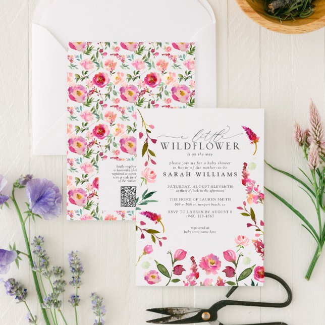 Invitación Una pequeña flor silvestre Código QR Ducha acuarel (Easily personalize this sweet baby shower invitation with your unique details)