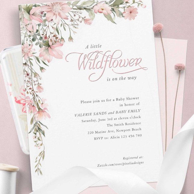 Invitación Una pequeña flor silvestre Pink Flour Baby Shower (Pink wildflower and elegant calligraphy style, Baby Girl shower invitation.)