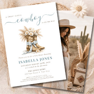 Invitación Una pequeña foto de baby shower de vaquero azul