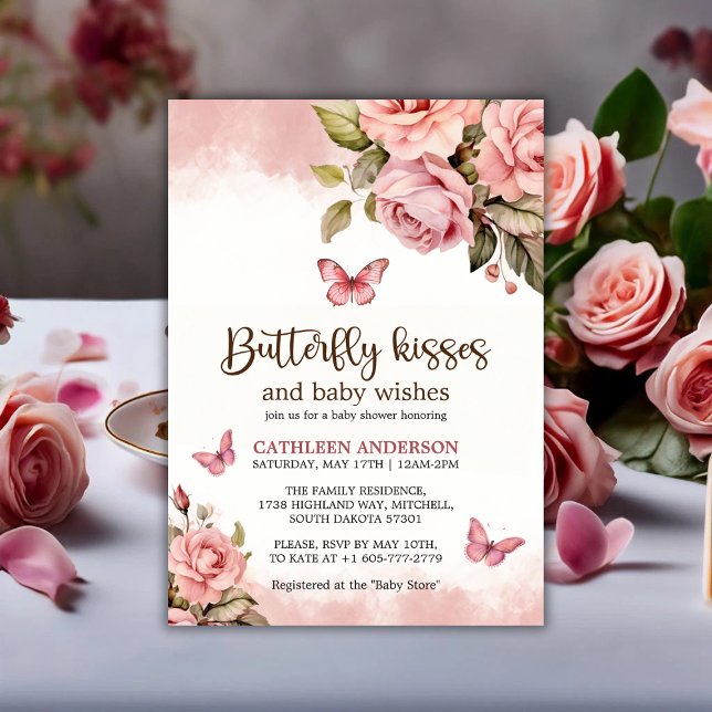 Invitación Una pequeña mariposa besa Baby Shower floral (A Little Butterfly Kisses Floral Baby Shower Invitation)