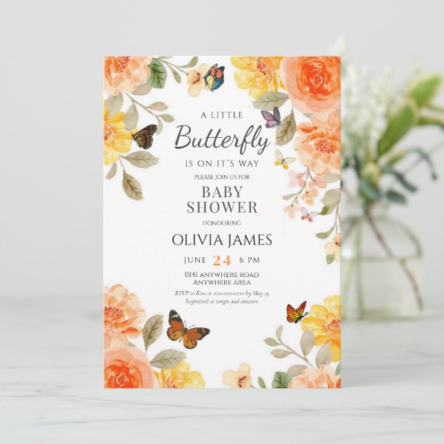 Invitación Una pequeña mariposa está en camino a la ducha de  (Anverso de pie)